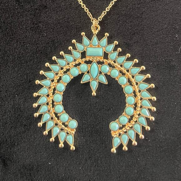 Navajo Inspired Goldtone and Faux Turquoise Pendant and 20-21" Necklace NWOT - Picture 3 of 5